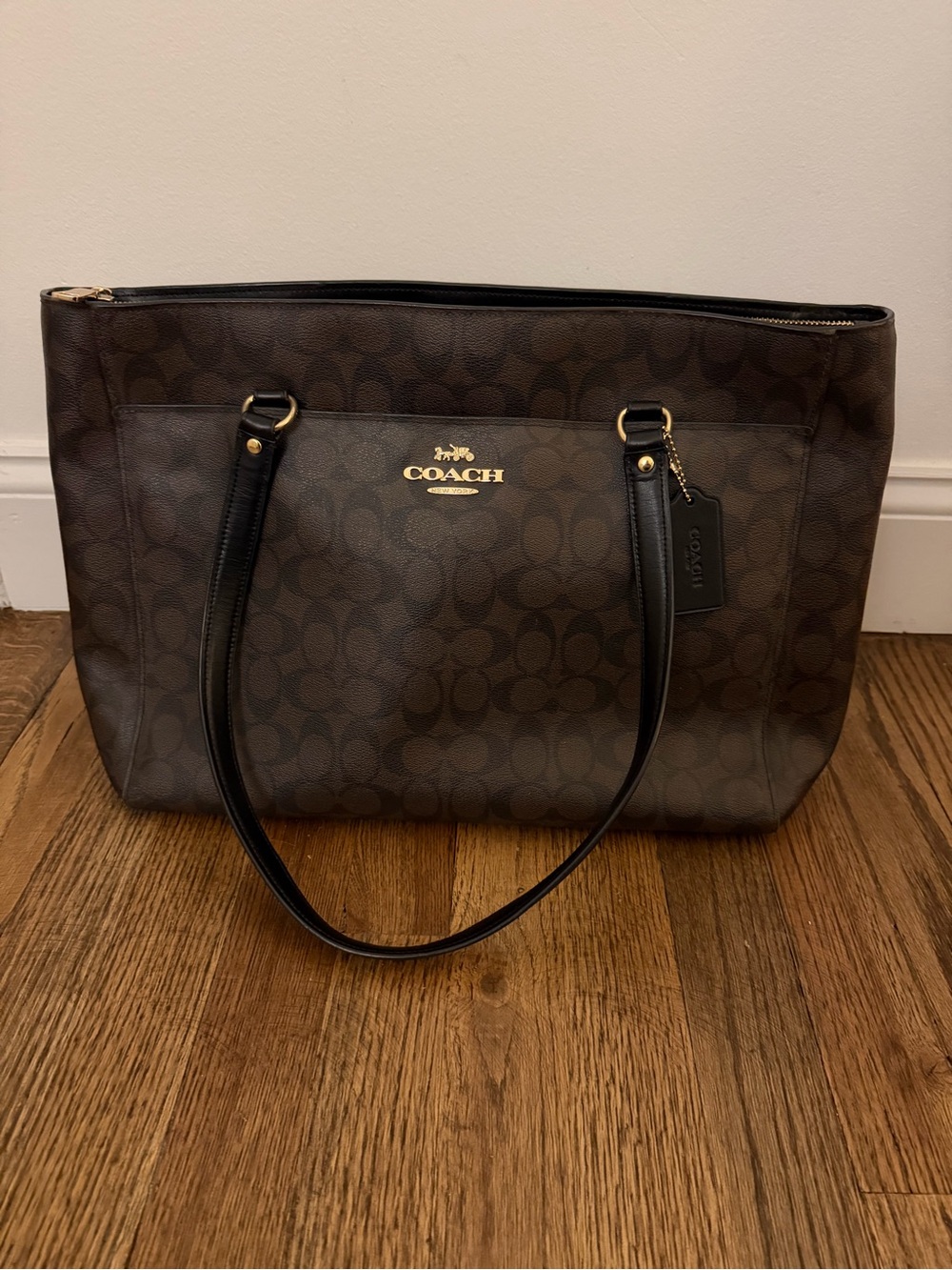 Coach Dark Brown Signature Tote with Black Straps